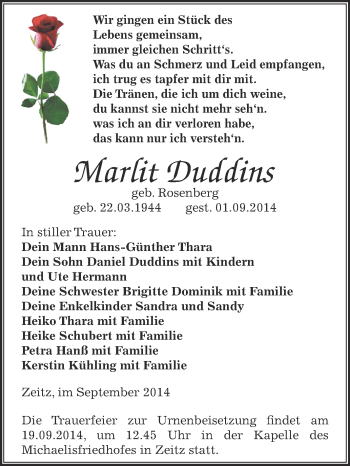 Traueranzeige von Martit Duiclins von Super Sonntag Zeitz