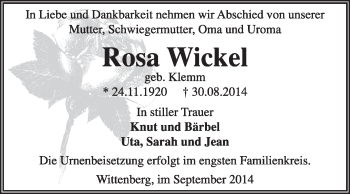 Traueranzeige von Rosa Wickel von Super Sonntag Wittenberg