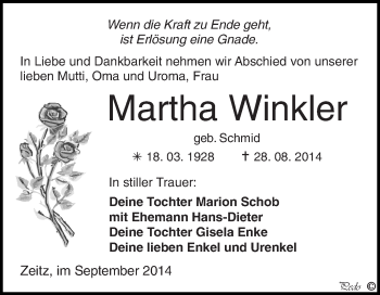 Traueranzeige von Martha Winkler von Super Sonntag Zeitz