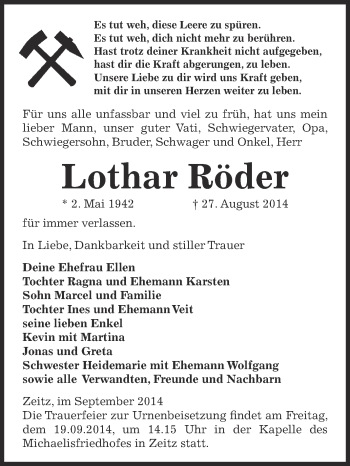 Traueranzeige von Lothar Röder von Super Sonntag Zeitz