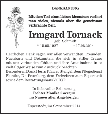 Traueranzeige von Irmgard Tornack von Super Sonntag SGH Mansf. Land