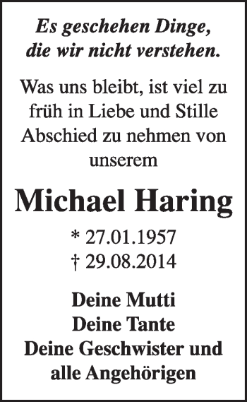 Traueranzeige von Michael Haring von WVG - Wochenspiegel Dessau / Köthen