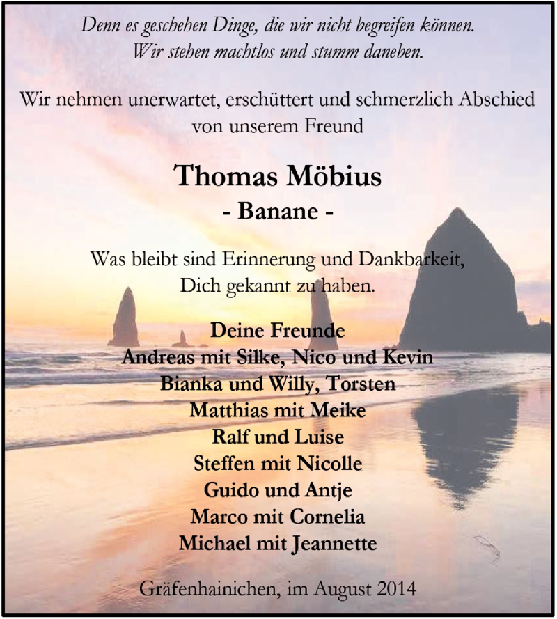  Traueranzeige für Thomas Möbius vom 07.09.2014 aus Super Sonntag Wittenberg