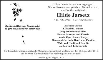 Traueranzeige von Hilde Jarsetz von Super Sonntag Bernburg