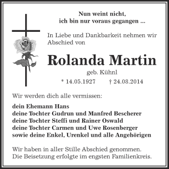 Traueranzeige von Rolanda Martin von Super Sonntag Zeitz