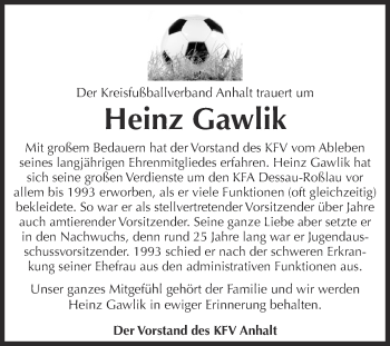 Traueranzeige von Heinz Gawlik von Super Sonntag Dessau / Köthen