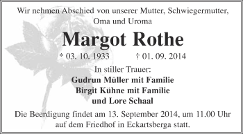 Traueranzeige von Margot Rothe von WVG - Wochenspiegel NMB / WSF / ZTZ