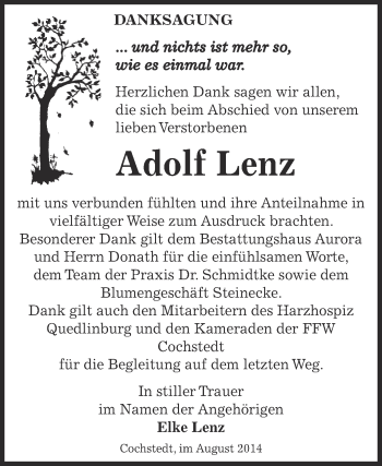 Traueranzeige von Adolf Lenz von Super Sonntag Bernburg
