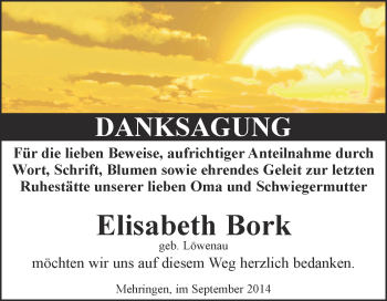 Traueranzeige von Elisabeth Bork von Super Sonntag Aschersleben