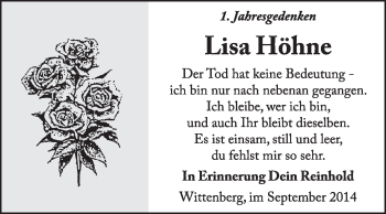 Traueranzeige von Lisa Höhne von Super Sonntag Wittenberg