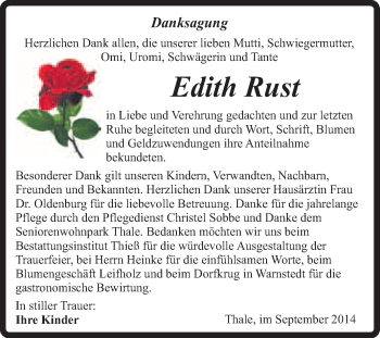 Traueranzeige von Edith Rust von Super Sonntag Quedlinburg