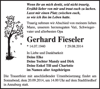Traueranzeige von Gerhard Fieseler von WVG - Wochenspiegel Wittenberg