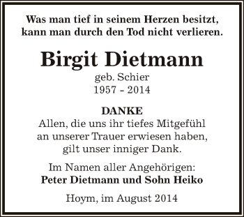 Traueranzeige von Birgit Dietmann von Super Sonntag Aschersleben