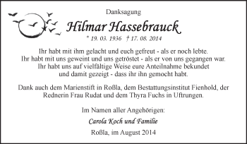 Traueranzeige von Hilmar Hassebrauck von Super Sonntag SGH Mansf. Land