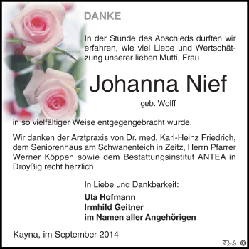 Traueranzeige von Johanna Nief von Super Sonntag Zeitz