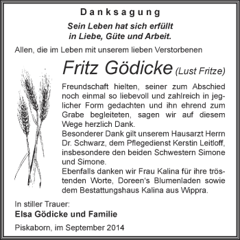Traueranzeige von Fritz Gödicke von Wochenspiegel Mansfelder Land
