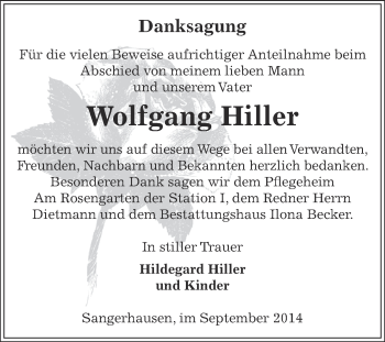 Traueranzeige von Wolfgang Hiller von Super Sonntag SGH Mansf. Land