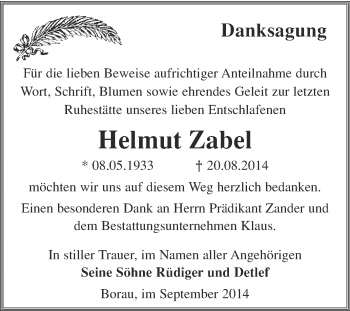 Traueranzeige von Helmut Zabel von WVG - Wochenspiegel NMB / WSF / ZTZ