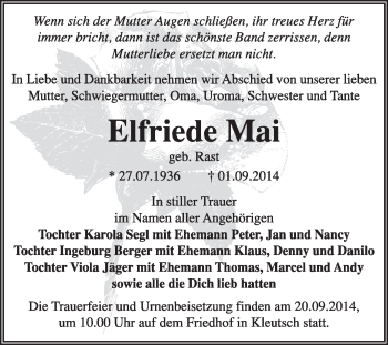 Traueranzeige von Elfriede Mai von Super Sonntag Dessau / Köthen
