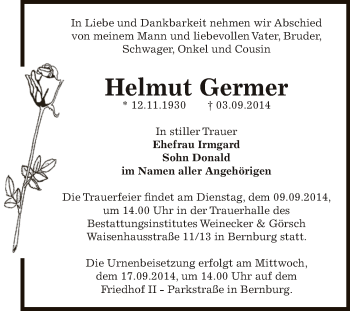 Traueranzeige von Helmut Germer von Super Sonntag Bernburg