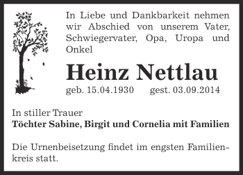 Traueranzeige von Heinz Nettlau von Super Sonntag Bernburg