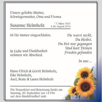 Traueranzeige von Susanne Helmholz von WVG - Wochenspiegel Quedlinburg