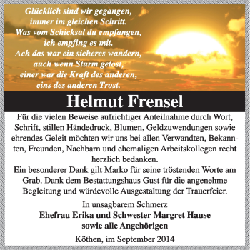 Traueranzeige von Helmut Frensel von Super Sonntag Dessau / Köthen