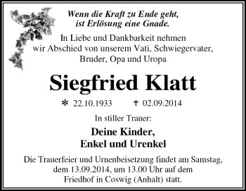 Traueranzeige von Siegfried Klatt von Super Sonntag Dessau / Köthen