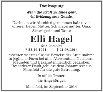 Traueranzeige von Elli Hagel von Wochenspiegel Mansfelder Land