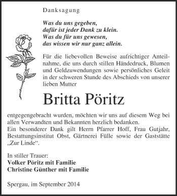Traueranzeige von Britta Pöritz von Super Sonntag Merseburg