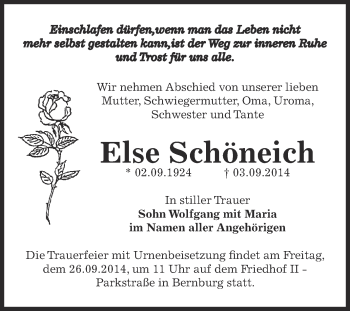 Traueranzeige von Else Schöneich von Super Sonntag Bernburg
