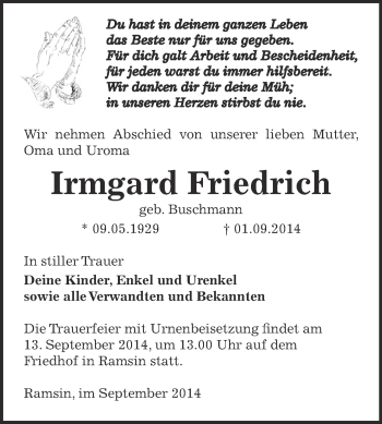 Traueranzeige von Irmgard Friedrich von WVG - Wochenspiegel Bitterfeld