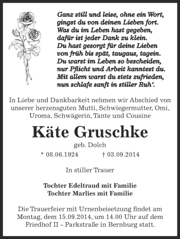 Traueranzeige von Käte Gruschke von Super Sonntag Bernburg