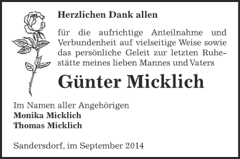 Traueranzeige von Günter Micklich von WVG - Wochenspiegel Bitterfeld