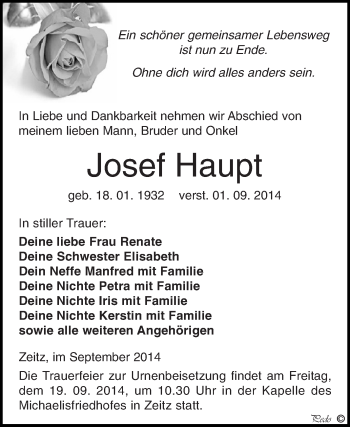 Traueranzeige von Josef Haupt von Super Sonntag Zeitz