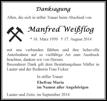 Traueranzeige von Manfred Weißflog von Super Sonntag Zeitz