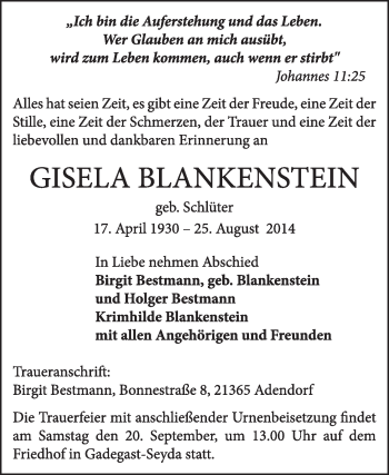 Traueranzeige von Gisela Blankenstein von Super Sonntag Wittenberg