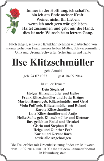 Traueranzeige von Ilse Klitzschmüller von WVG - Wochenspiegel NMB / WSF / ZTZ