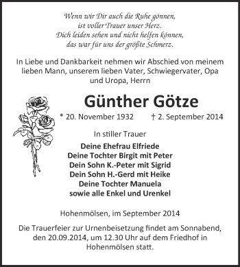 Traueranzeige von Günther Götze von WVG - Wochenspiegel NMB / WSF / ZTZ