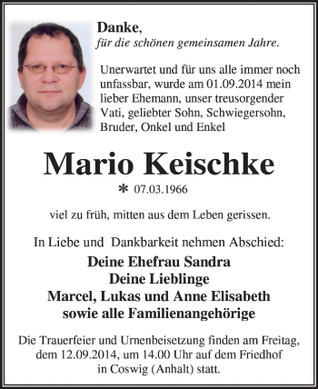 Traueranzeige von Mario Keischke von Super Sonntag Dessau / Köthen