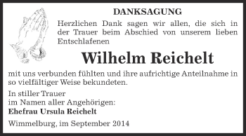 Traueranzeige von Wilhelm Reichelt von Wochenspiegel Mansfelder Land
