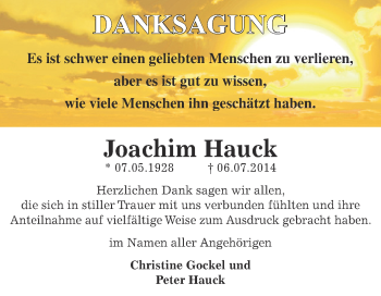 Traueranzeige von Joachim Hauck von Super Sonntag Zeitz