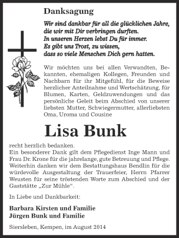 Traueranzeige von Lisa Bunk von WVG - Wochenspiegel SGH