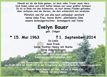Traueranzeige von Evelyn Bauer von Super Sonntag Zeitz