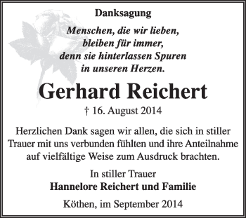 Traueranzeige von Gerhard Reichert von Super Sonntag Dessau / Köthen