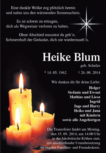Traueranzeige von Heike Blum von Super Sonntag Dessau / Köthen