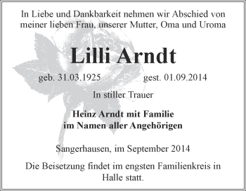 Traueranzeige von Lilli Arndt von WVG - Wochenspiegel SGH