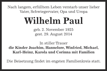 Traueranzeige von Wilhelm Paul von Super Sonntag Bernburg