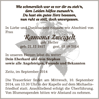 Traueranzeige von Ramona Zweigelt von Super Sonntag Zeitz