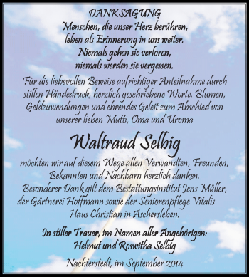 Traueranzeige von Waltraud Selbig von Super Sonntag Aschersleben